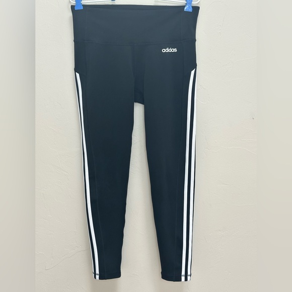 Adidas Climalite Black Stripe Logo Mid Rise Workout Athletic Yoga Leggings - Picture 2 of 5